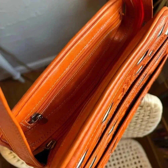 Handcrafted Tooled Leather Bag - 10x9 Orange Crossbody Purse Made in Mexico - Picture 7 of 12